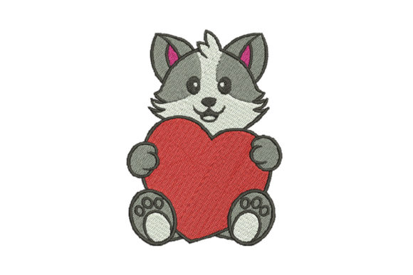 Cat Holding a Big Red Heart Embroidery